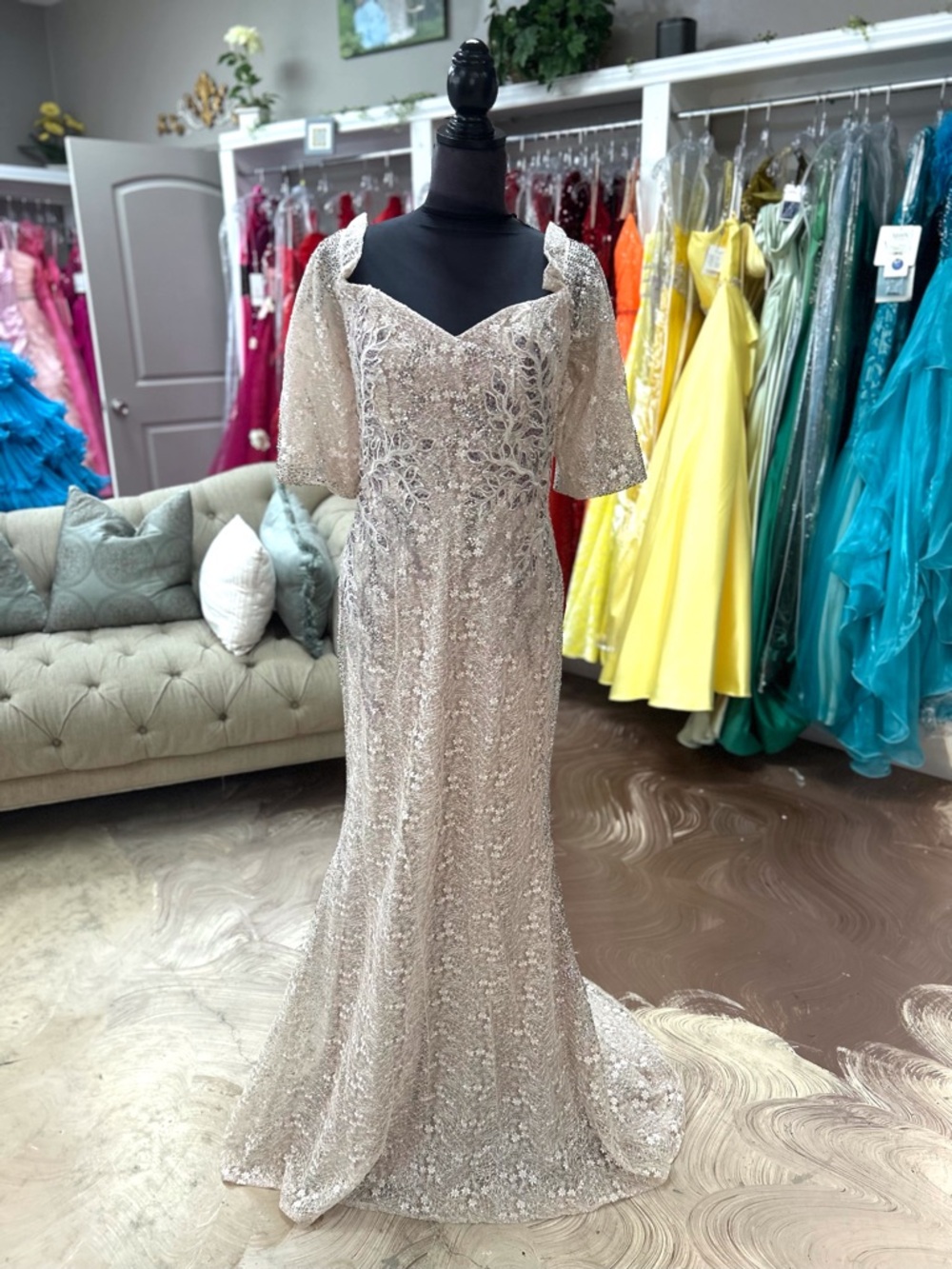 Morrell Maxie Champagne Sequin Beaded Evening Gown